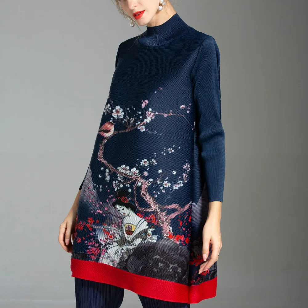 Plus Size T-Shirt Women New National Style Printed Half Turtleneck Long Sleeved Stretch Miyake Pleated Loose Long T Shirts
Plus Size T-Shirt Women New National Style Printed Half Turtleneck Long Sleeved Stretch Miyake Pleated Loose Long T Shirts