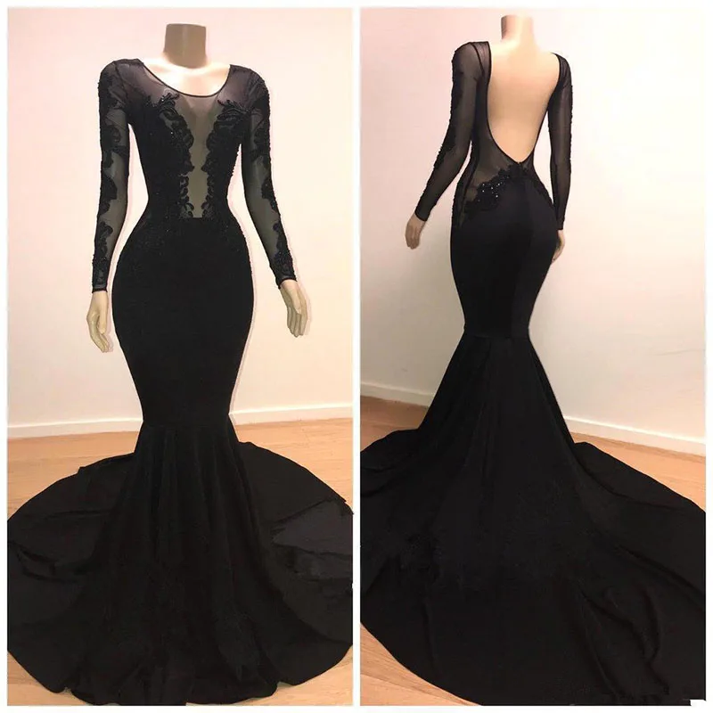 Black Sexy Illusion Bodices Long Sleeves Mermaid Prom Dresses Lace Appliqued Backless Formal Evening Gowns Satin Long Party Dres
Black Sexy Illusion Bodices Long Sleeves Mermaid Prom Dresses Lace Appliqued Backless Formal Evening Gowns Satin Long Party Dres