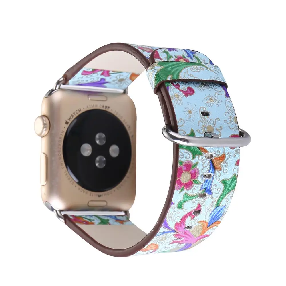 Кожаный ремешок для часов 42 мм 44 Apple Watch синий цветочный принт женский браслет iwatch