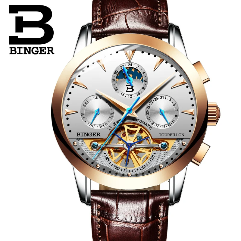Швейцарские роскошные механические часы BINGER автоматические с автоподзаводом и