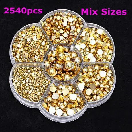 

Sales!2540Pcs Gold Mixed 2-8mm With Box Packing Craft ABS Imitation Pearls Half Round Flatback Pearls Resin Beads For DIY Deco