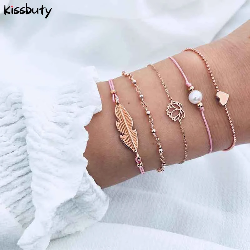 5 PCS/Set Bohemia Lotus Heart Feather Bracelet Sets For Women Weave Pink Rope Chain Bracelets Fashion Pearl Jewelry Gifts
5 PCS/Set Bohemia Lotus Heart Feather Bracelet Sets For Women Weave Pink Rope Chain Bracelets Fashion Pearl Jewelry Gifts