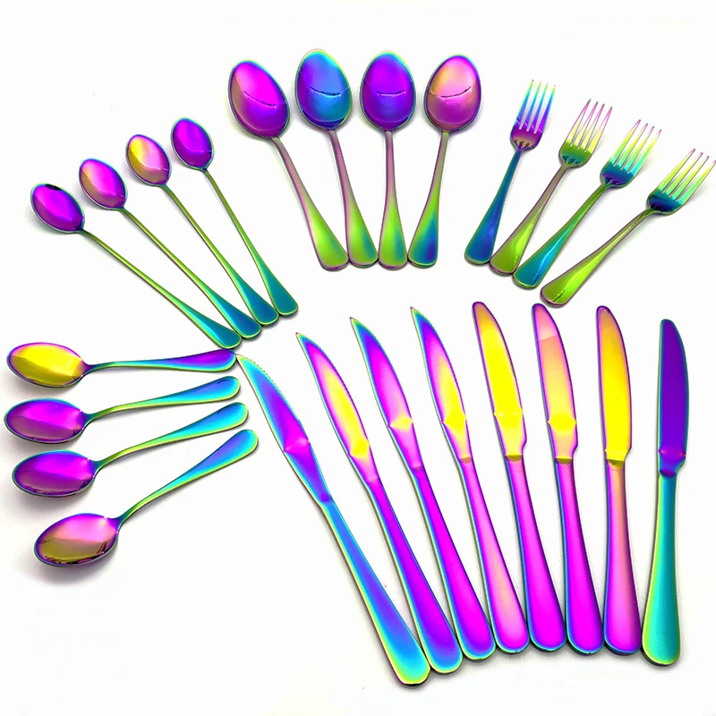 Steak Knife Fork Soup Scoop Stainless Steel Flatware Mixing Scoop Dinner Knife Dinner Full Set Rainbow Dinnerware Set 24pcs/set
Steak Knife Fork Soup Scoop Stainless Steel Flatware Mixing Scoop Dinner Knife Dinner Full Set Rainbow Dinnerware Set 24pcs/set