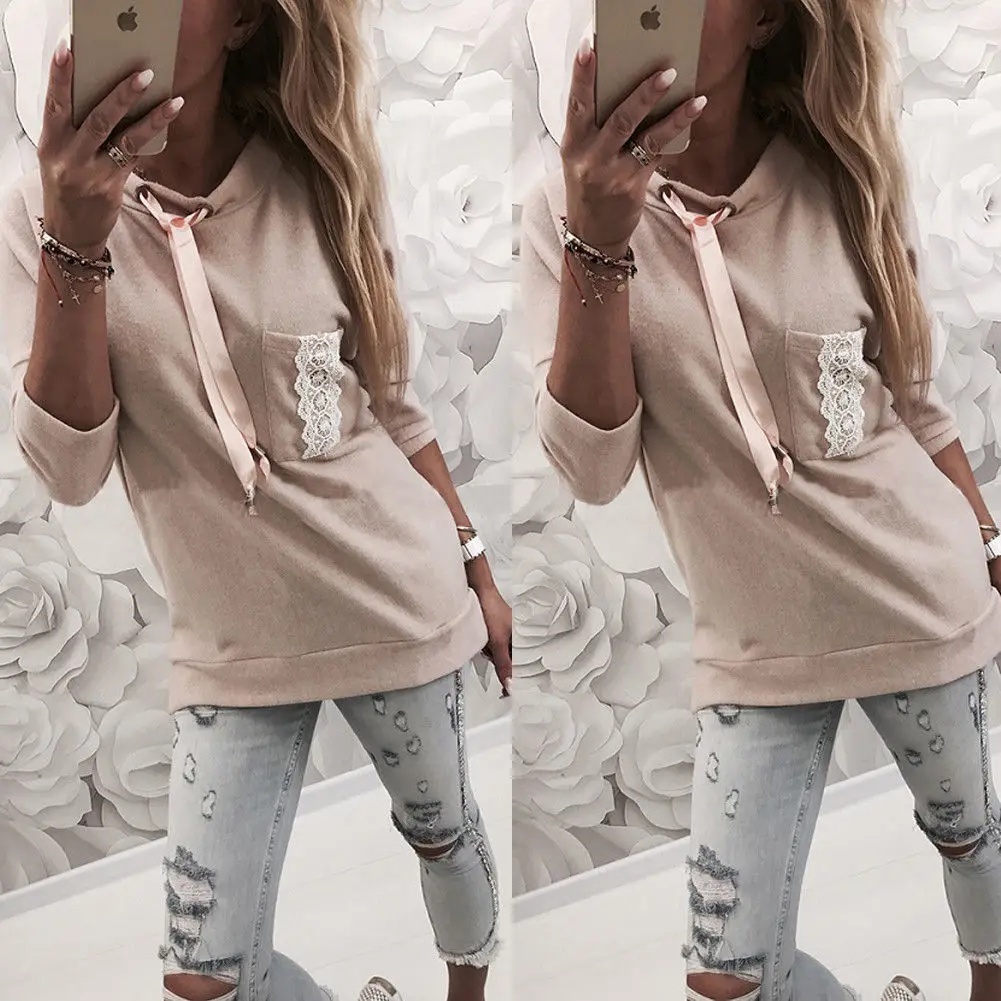 New Arrival Women's Long Sleeve Hoodies Lace Patchwork Hooded Sweatshirts Pullover Casual Female Loose Pure Color Hood Tops
New Arrival Women's Long Sleeve Hoodies Lace Patchwork Hooded Sweatshirts Pullover Casual Female Loose Pure Color Hood Tops