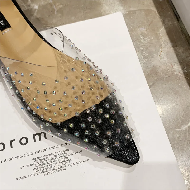 YEELOCA Sandals Women Summer Fashion Bling Polka Dot Pointed Toe Med Heels Hoof Heels Ankle Strap Casual Shoes Woman