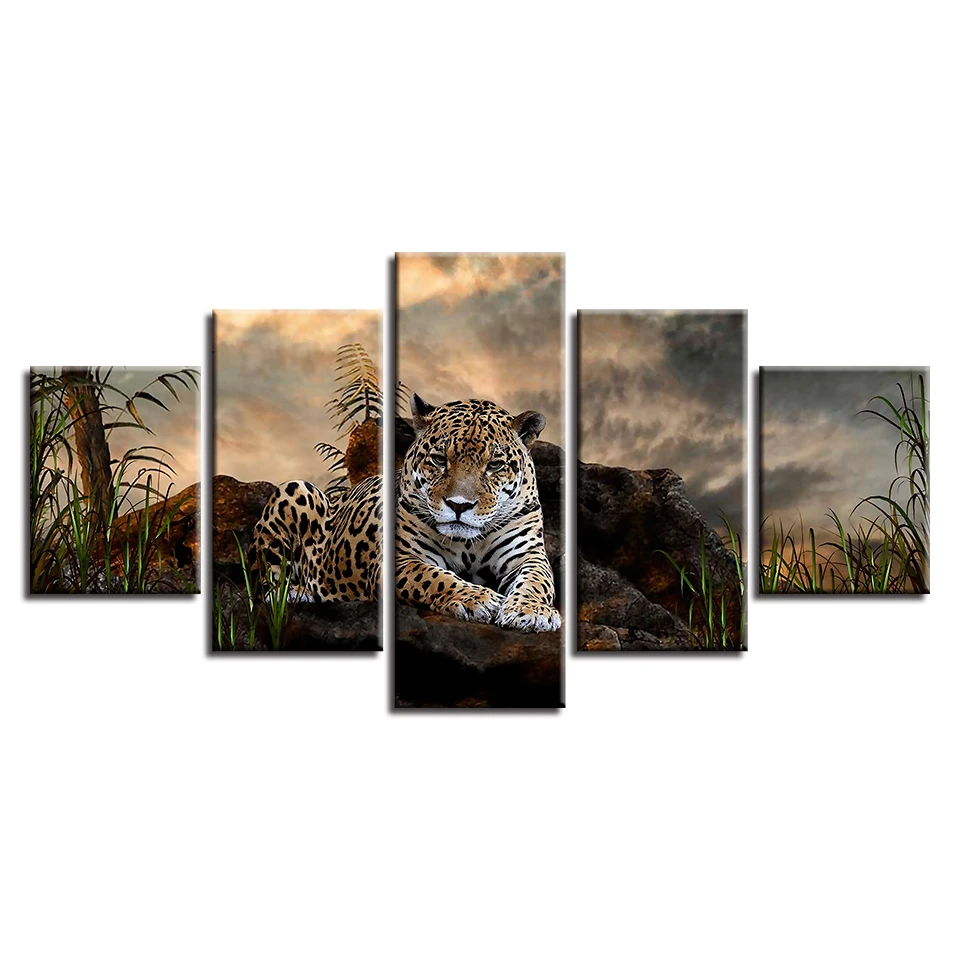 Фото Кадр декор mail Модульная картина 5 шт. животных Leopard и зеленая трава пейзаж