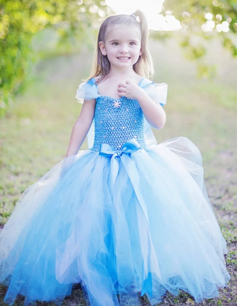 

New Girls Blue Anna Elsa Princess Tutu Dress Kids Crochet Ice Satin Tutus Ball Gown with Ribbon Bow Children Cosplay Party Dress