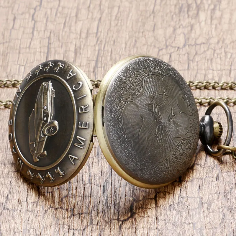Retro Design Made In America Words Pocket Watches Men Car Pendant Necklace Quartz Watches Gifts Pocket Watch Chains