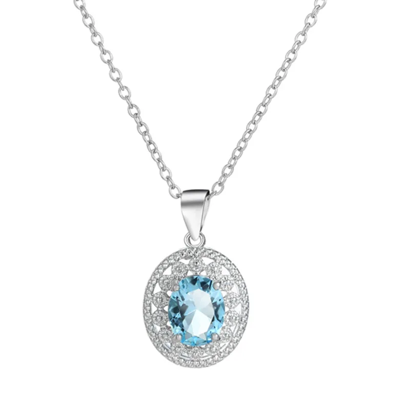 Hollow Royal Copper Necklace Wedding Jewelry Valentine's Day Sky Blue Zircon Clavicle Chain Pendant For Female Women |