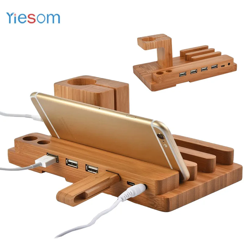 YIESOM бамбуковая деревянная 4 в 1 для Apple Watch USB порта микро концентратор зарядная