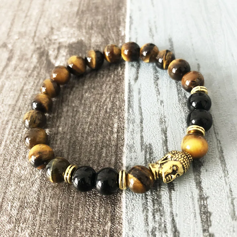 8 mm Gold Buddha Head Beaded Mens Bracelet Black Onyx & Tiger Eye Natural Stone Mala Jewelry Man Buddha bracelet
8 mm Gold Buddha Head Beaded Mens Bracelet Black Onyx & Tiger Eye Natural Stone Mala Jewelry Man Buddha bracelet