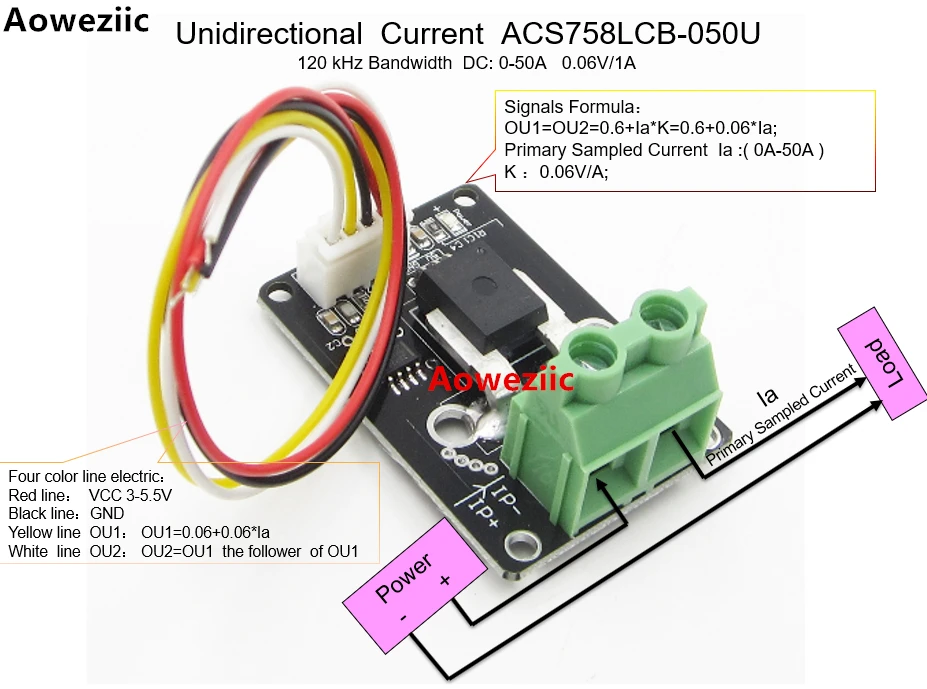 

Aoweziic Unidirectional DC Current Sensor module ACS758LCB-050U ACS758LCB-050 ACS758 120 kHz Bandwidth DC: 0-50A 0.06V/1A