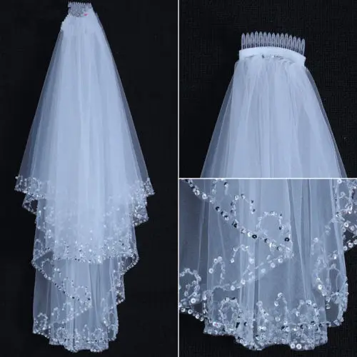 

Elbow Length White/Ivory 2T Double Tiered Wedding Bridal Veil with beads