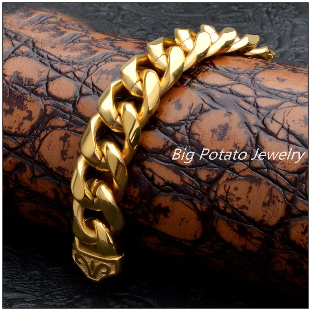 8.66"*15mm 74g New Jewelry Charmings 316L Stainless Steel Gold Curb Cuban Chain Men's Bracelet Bangle Fashion Button
8.66"*15mm 74g New Jewelry Charmings 316L Stainless Steel Gold Curb Cuban Chain Men's Bracelet Bangle Fashion Button