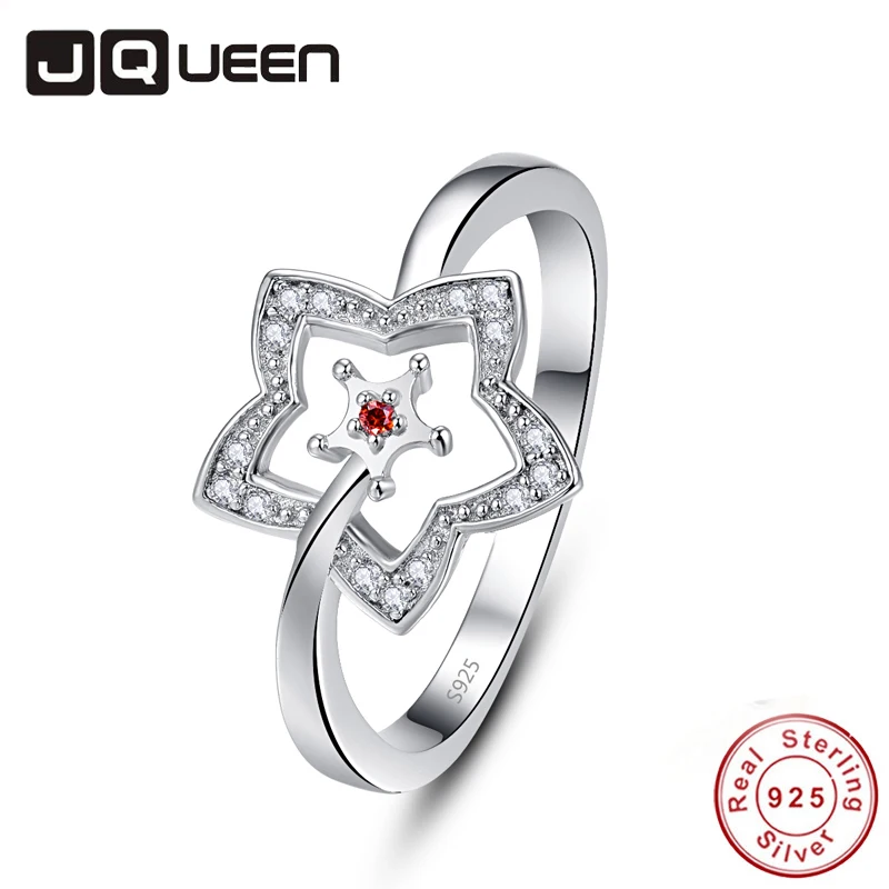 JQUEEN круглый 2*2 мм Красный CZ камень женское кольцо с пятиконечной звездой 925 пробы