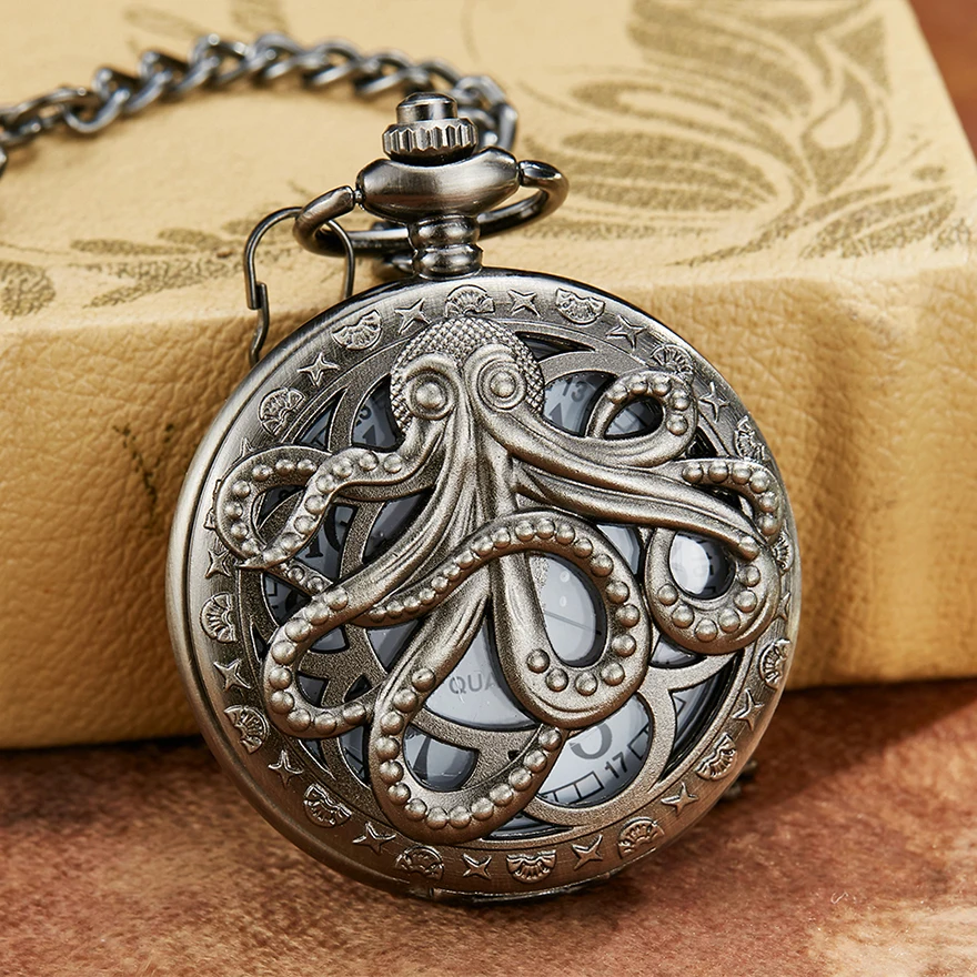 Octopus Pocket Watch for Men Women Animal Carving Engraved Flip Case Bronze Fob Watches with Chain Necklace Pendant Hollow Clock
Octopus Pocket Watch for Men Women Animal Carving Engraved Flip Case Bronze Fob Watches with Chain Necklace Pendant Hollow Clock