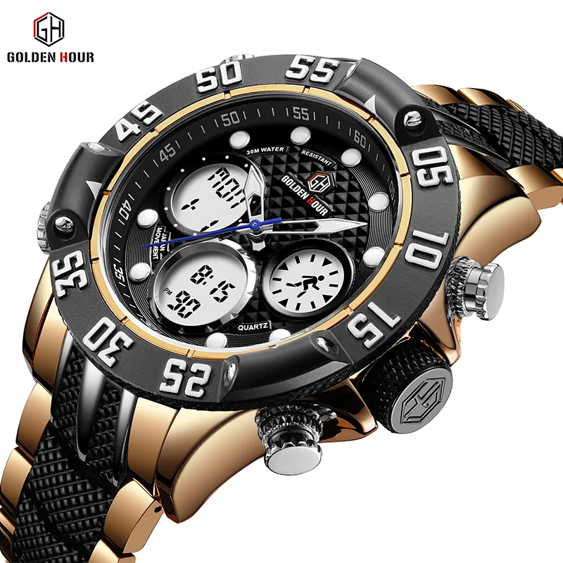 Top Brand GOLDENHOUR Men Fashion Dual Display Quartz Watch Mens Stainless Steel Waterproof Wristwatches Casual Relogio Masculino
Top Brand GOLDENHOUR Men Fashion Dual Display Quartz Watch Mens Stainless Steel Waterproof Wristwatches Casual Relogio Masculino
