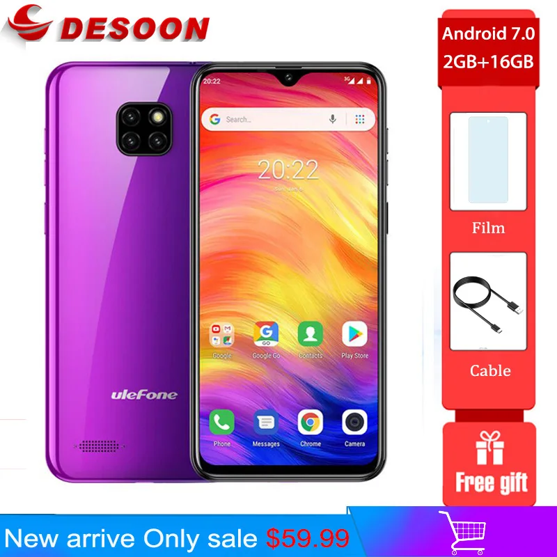

Ulefone Note 7 Smartphone 19:9 6.1inch Waterdrop Screen Quad Core 3500mAh Battery 16GB ROM Mobile phone Android 9.0 Cellphone
