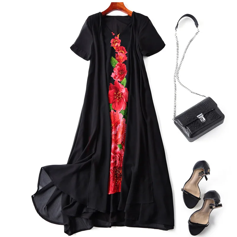 One Piece Dress 2019 Spring Summer Black Dress Women V-Neck Red Floral Print Crystal Beading Mid-Calf Casual Large Size Dresses
One Piece Dress 2019 Spring Summer Black Dress Women V-Neck Red Floral Print Crystal Beading Mid-Calf Casual Large Size Dresses