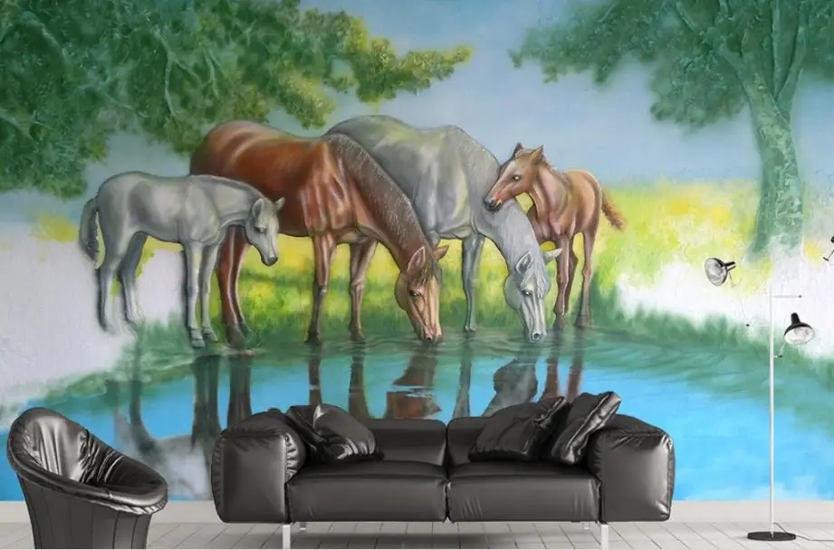 Papel де parede 3 d обои для стен рельефный пруд лошадь фото животный фон настенная