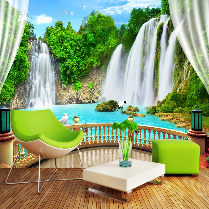 

Custom Wall Mural Painting Mountain Water Waterfall Stereoscopic Balcony Window Nature Landscape Large Murals 3D Photo Wallpaper