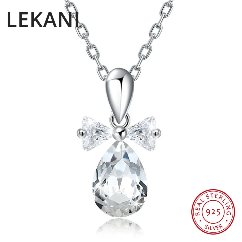 

LEKANI Crystals From SWAROVSKI Cute Bowknot Waterdrop Pendant Necklaces Real S925 Silver Fine Jewelry For Women Mother Gift 2018