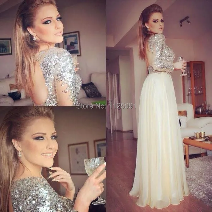 2020 Prom Dresses Long Sleeve Silver Sequined Backless A-Line Champagen Chiffon Floor-length Evening Celebrity Gown Custom Made
2020 Prom Dresses Long Sleeve Silver Sequined Backless A-Line Champagen Chiffon Floor-length Evening Celebrity Gown Custom Made