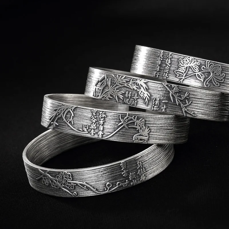 Antique, Plum Orchid, Bamboo Chrysanthemum, Four Seasons Safe, Female High-end, Open Silver Bracelet Wholesale.
Antique, Plum Orchid, Bamboo Chrysanthemum, Four Seasons Safe, Female High-end, Open Silver Bracelet Wholesale.