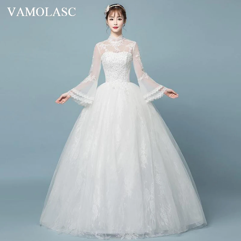 VAMOLASC Illusion High Neck Ball Gown Lace Appliques Wedding Dresses Flare Long Sleeve Backless Bridal Gowns
VAMOLASC Illusion High Neck Ball Gown Lace Appliques Wedding Dresses Flare Long Sleeve Backless Bridal Gowns