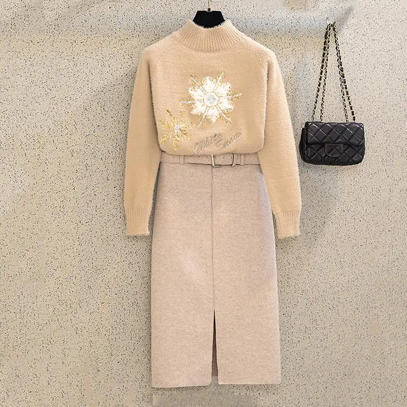 Women 2019 New Spring Autumn Half Turtleneck Embroidered Knitted Pullover Sweater Tops+Solid Slim Wool Skirt With Belt Sets V683
Women 2019 New Spring Autumn Half Turtleneck Embroidered Knitted Pullover Sweater Tops+Solid Slim Wool Skirt With Belt Sets V683