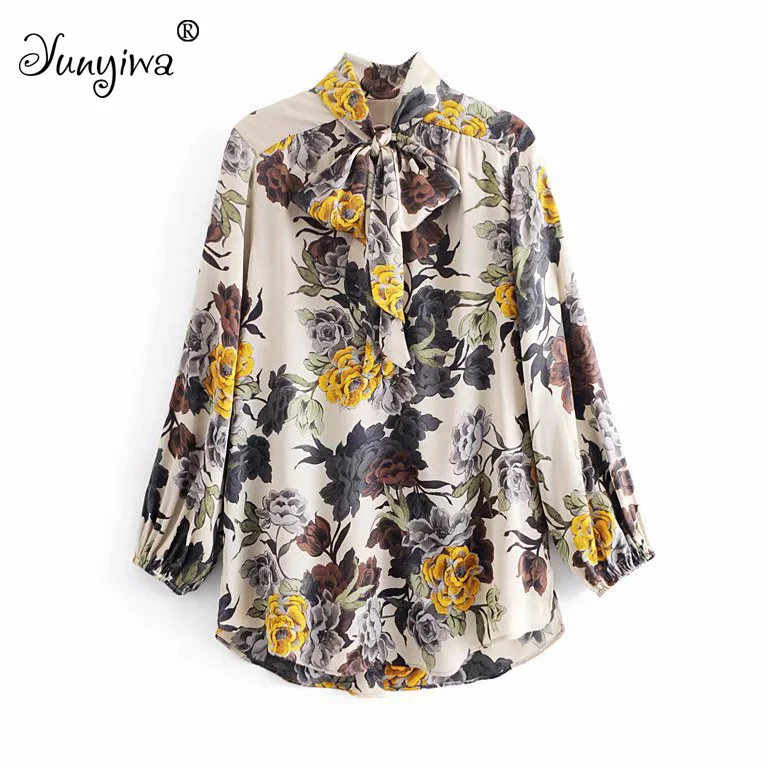 Yuuyiwa женские блузки Новые оптом Бант Цветок блузка с принтом топы Blusas Mujer De| |