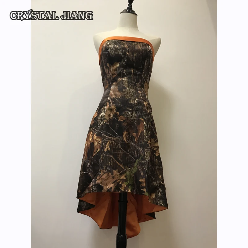 Mossy Oak Camo Formal Gown High Low Strapless Satin Floral Bridesmaid Dress Hunter Orange Customized
Mossy Oak Camo Formal Gown High Low Strapless Satin Floral Bridesmaid Dress Hunter Orange Customized