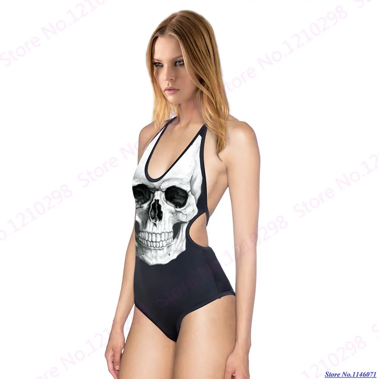 Sexy One Piece V neck Lace-up String Backless Bikini Colorful Skull Print Bodysuit New Design Rock roll Skeleton Swimsuit | Спорт и