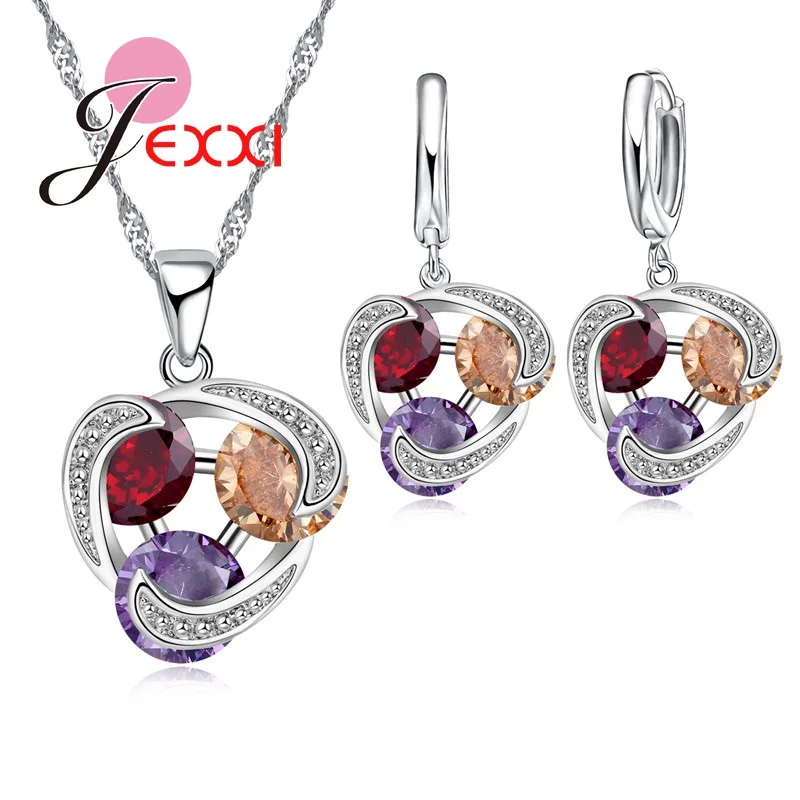 

Три цвета Ромбический Ювелирный Набор Кристалл CZ цирконий серебряный кулон ожерелье и серьги наборы для женщин Свадьба