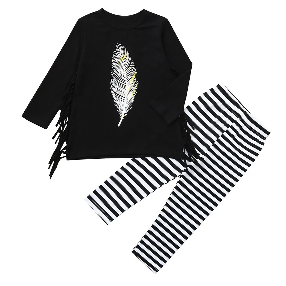 Комплект одежды для маленьких девочек топ с длинными рукавами и принтом перьев