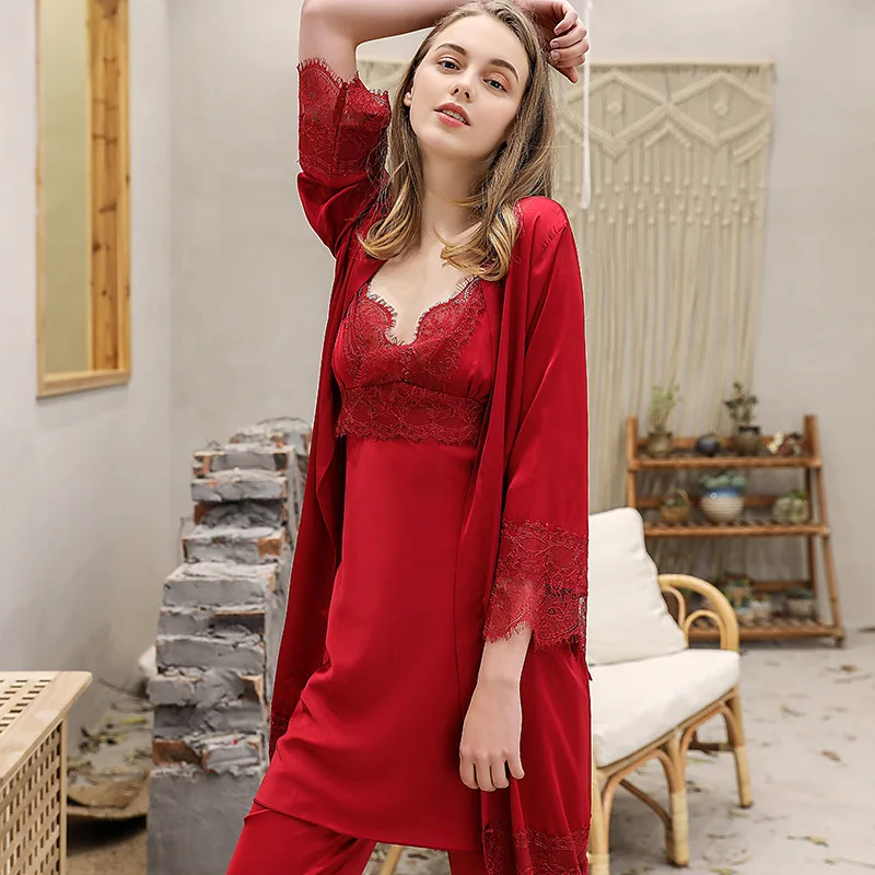 2019 г. Женский пикантный Шелковый пижамный комплект MECHCITIZ из трех предметов халат