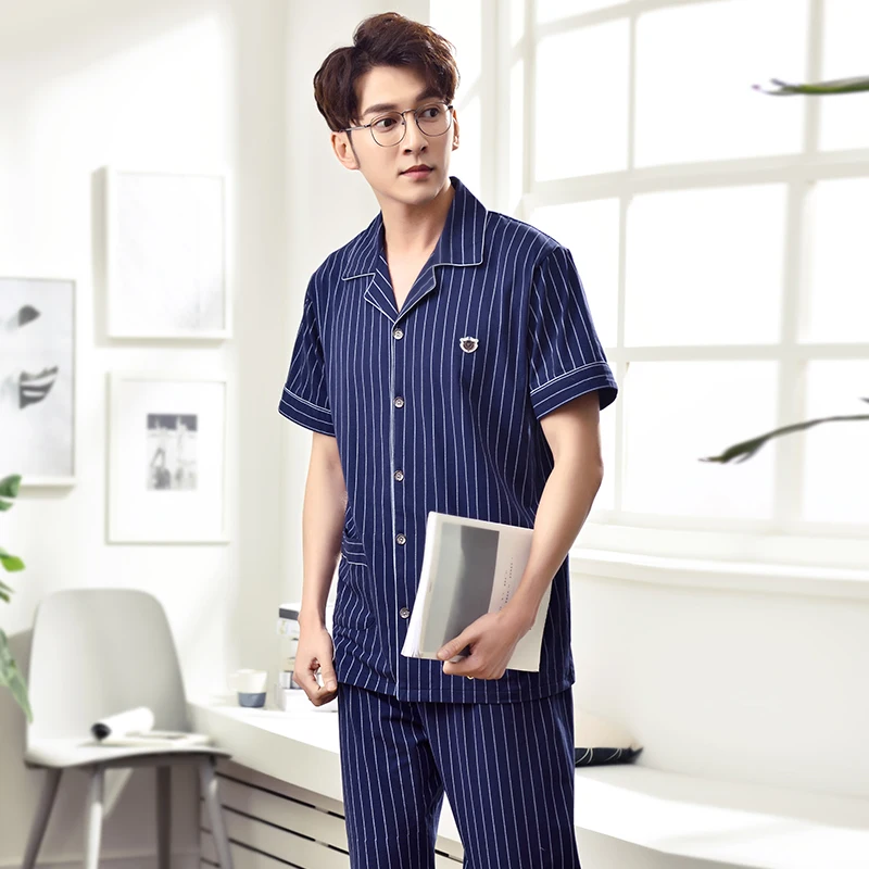 Summer Striped Pyjamas Men Print Casual Full Cotton Sleepwear Mens Lounge Wear Loungewear Short Sleeve Pajamas Big Yards 3XL
Summer Striped Pyjamas Men Print Casual Full Cotton Sleepwear Mens Lounge Wear Loungewear Short Sleeve Pajamas Big Yards 3XL