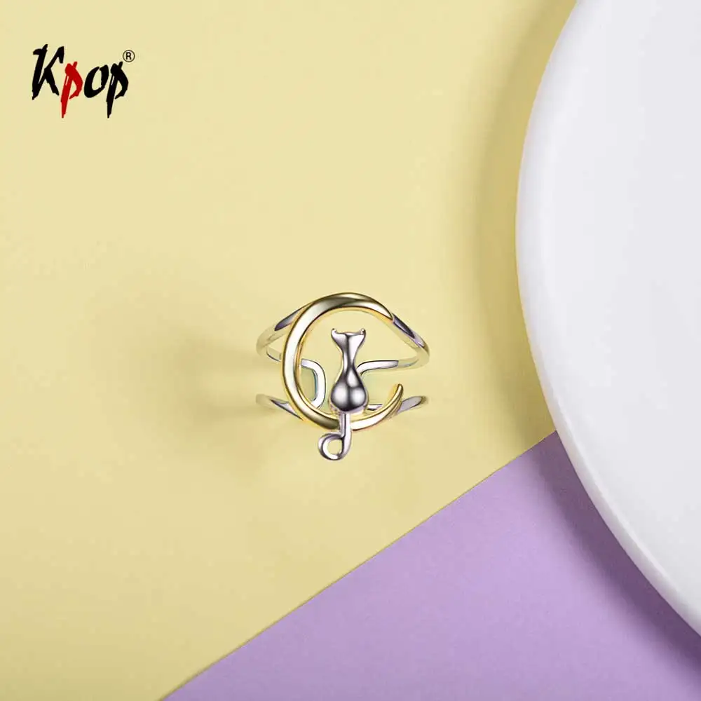 Kpop 925 пробы Серебряное кольцо в форме кота и Луны эффектные Свадебные ювелирные