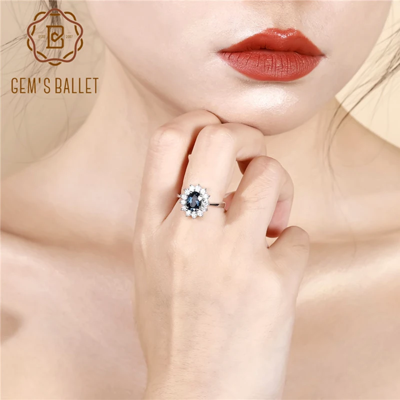 

GEM'S BALLET 1.57Ct Oval Natural London Blue Topaz Gemstone Ring 925 Sterling Silver Flower Wedding Rings for Women Fine Jewelry