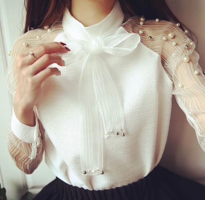 

spring elegant organza bow of Pearl White blouse casual fashion shirt chiffon shirt women blouses tops blusas femininas