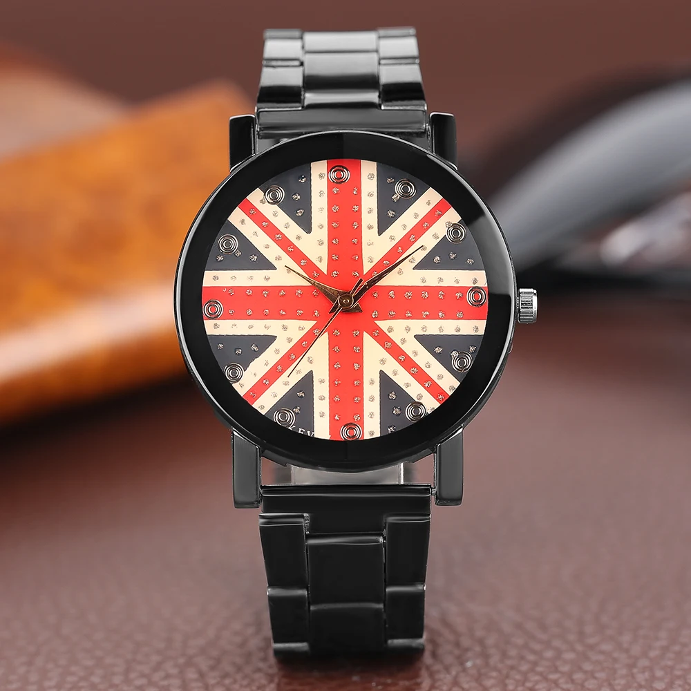 Men Women Quartz Wrist Watch Rhinestone Bling UK Flag Pattern Round Dial Casual Black Stainless Steel Band Ladies Dress
Men Women Quartz Wrist Watch Rhinestone Bling UK Flag Pattern Round Dial Casual Black Stainless Steel Band Ladies Dress