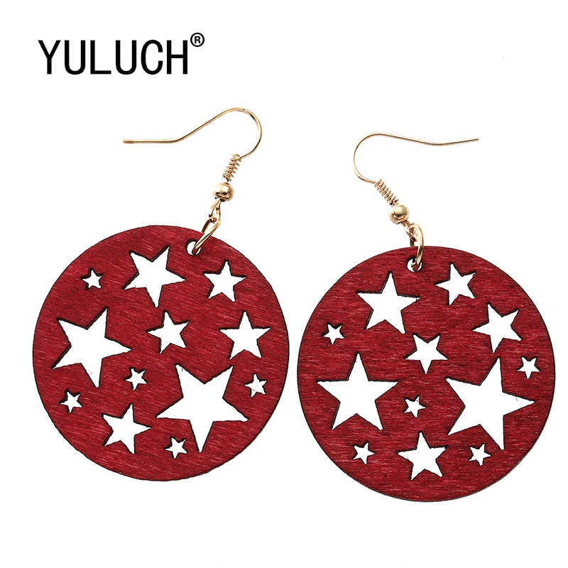 

YULUCH Winter Hollow Stars Big Circle Earrings For Women New Vintage wood Nightclub Earings Jewelry Cute Gift