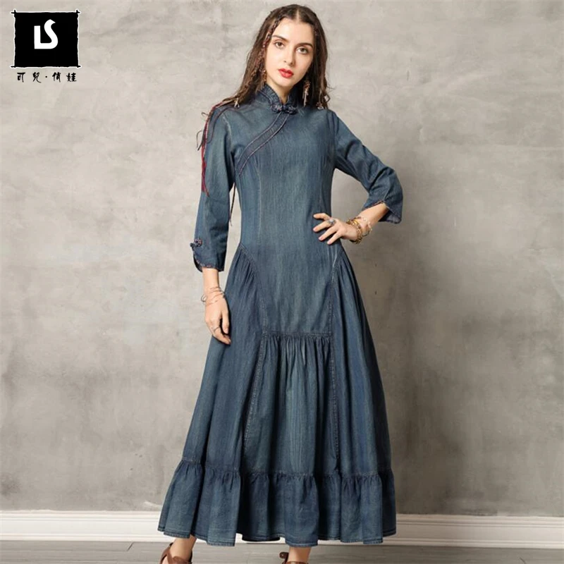 Size S-3XL New Europe Spring Autumn Women Denim Dress Buttoned Cheongsam Ruffled A-line Dress Vintage Female Jeans Long Dresses
Size S-3XL New Europe Spring Autumn Women Denim Dress Buttoned Cheongsam Ruffled A-line Dress Vintage Female Jeans Long Dresses