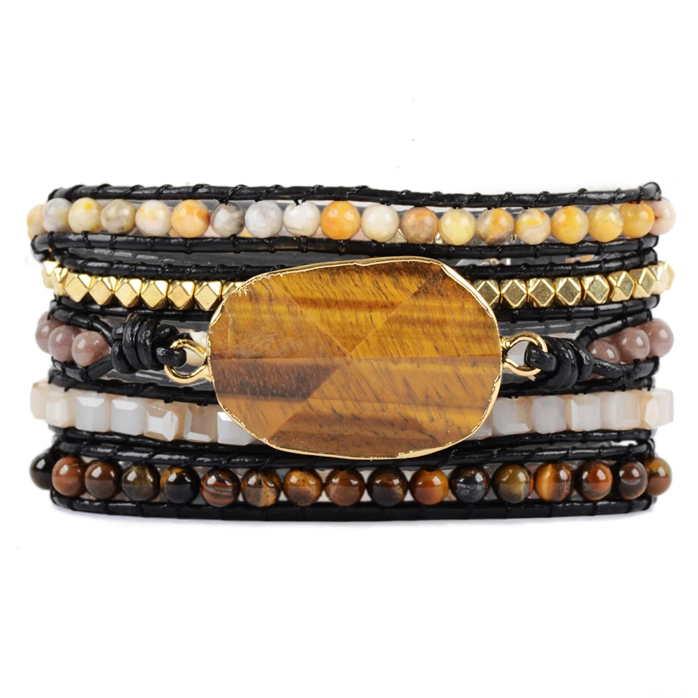 Мужской кожаный браслет Tiger Eye винтажный с 5 нитками богемный ручной работы