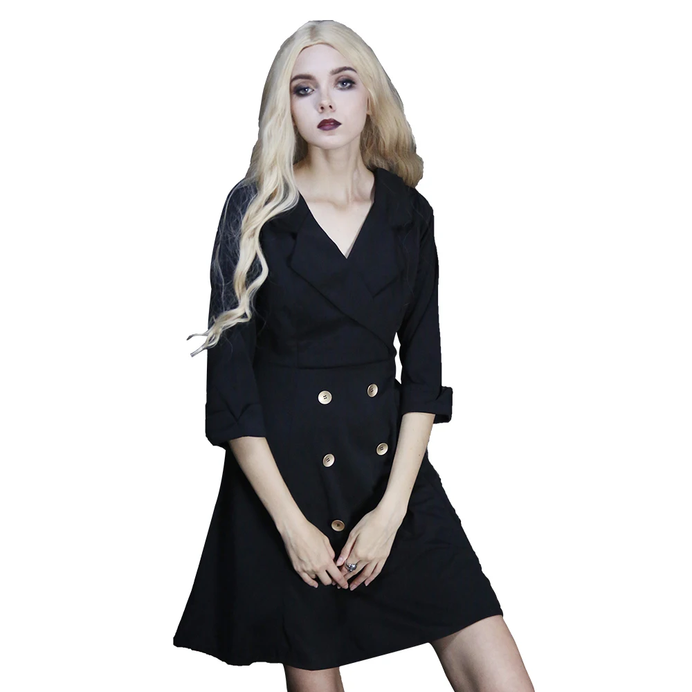 2018 Autumn Black Punk Women's Retro Suit Collar V-neck Double-breasted Three Quarter Sleeves High Waist Thin Windbreaker Dress
2018 Autumn Black Punk Women's Retro Suit Collar V-neck Double-breasted Three Quarter Sleeves High Waist Thin Windbreaker Dress