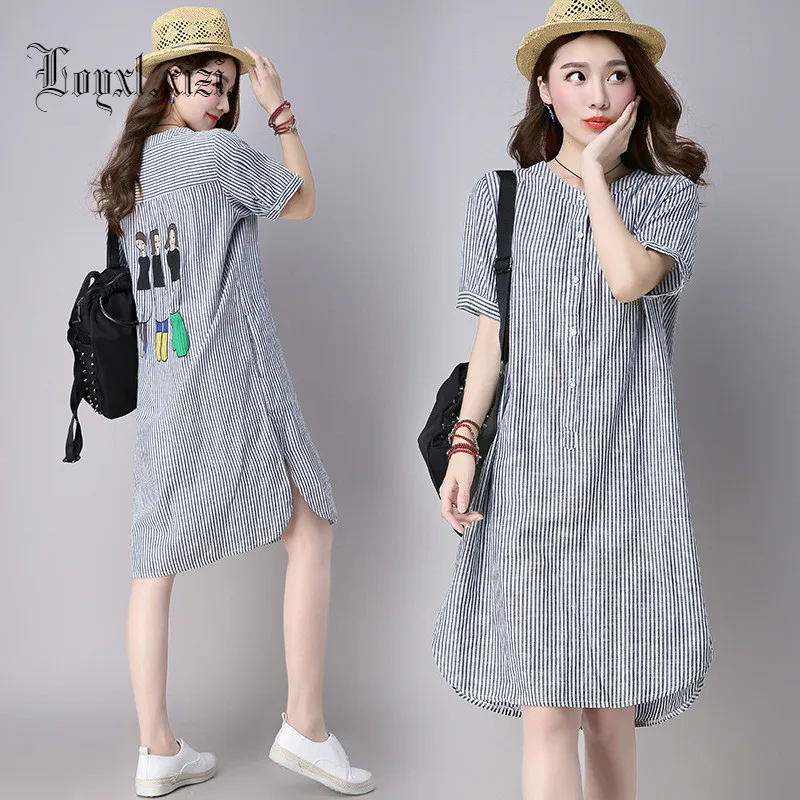Spring summer large size women's new striped shirt women's loose cotton and hemp style short-sleeved thin long shirt LQ0079
Spring summer large size women's new striped shirt women's loose cotton and hemp style short-sleeved thin long shirt LQ0079