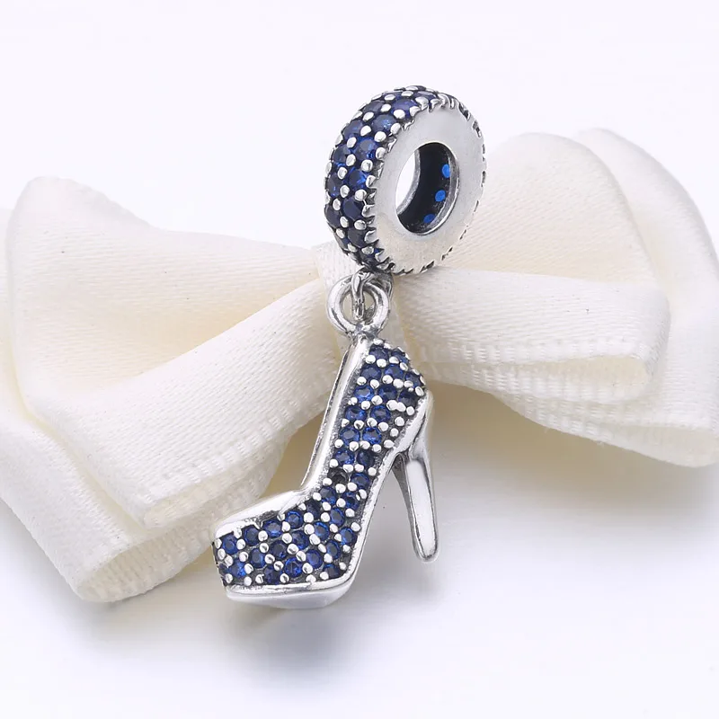 Romantic 925 Sterling Silver Heel Shape Sparkling Shoe Stiletto Blue Crystal Charm Beads Fit Pandora Bracelet Original Jewelry | Украшения