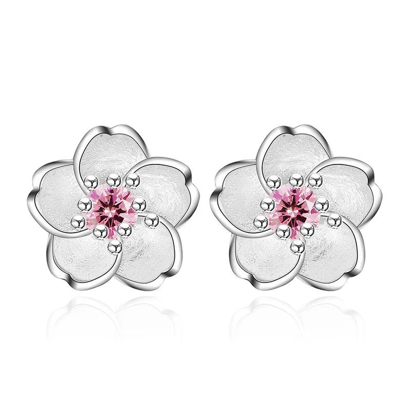 

Cute 925 Sterling Silver Cherry Blossoms Flower Set Pink CZ Stud Earrings For Women Girls Kids Jewelry Orecchini Aros Aretes