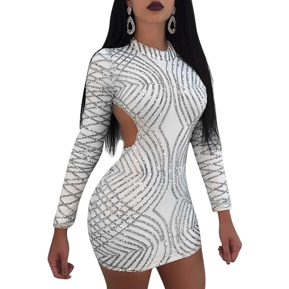 С длинным рукавом блесток посылка ночной клуб хип Bodycon Платье Vestido Curto пикантные O
