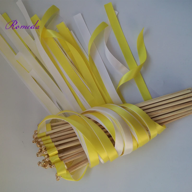 New arrived50pcs/lot yellow and white wedding ribbon stick wands with gold bell for wedding decoration
New arrived50pcs/lot yellow and white wedding ribbon stick wands with gold bell for wedding decoration